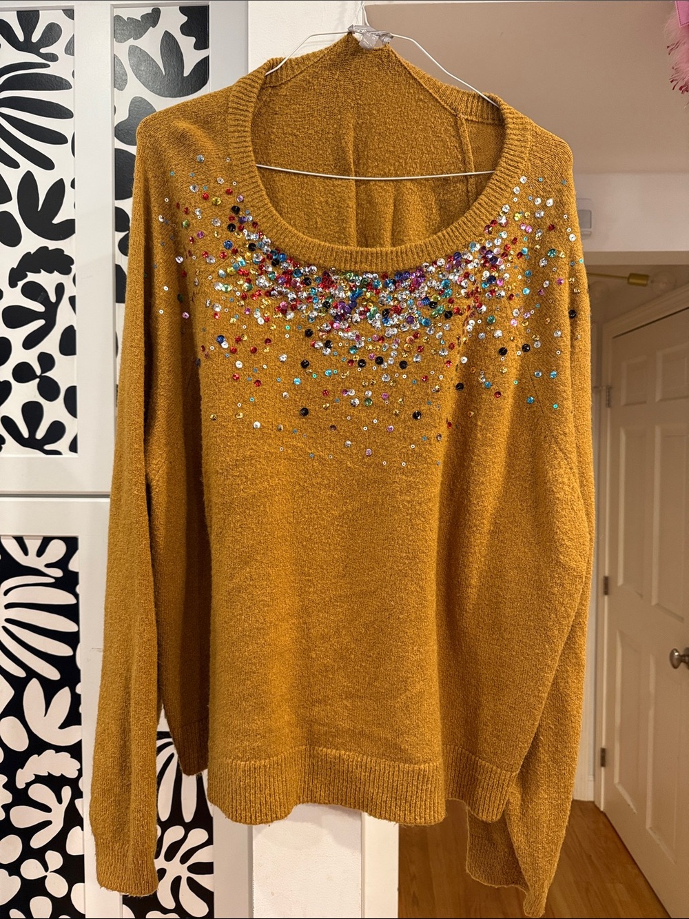 ASOS sequin neck Mustard Yellow Embellished Crewneck Sweater - Women